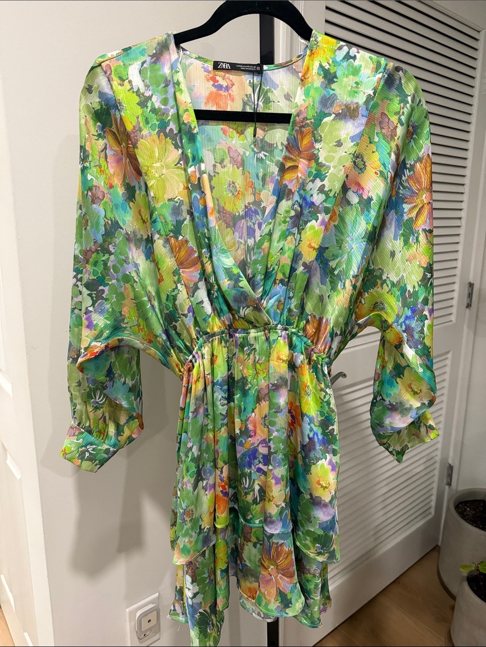 Zara Green Multi Floral Tie-Waist V-Neck Silk Mini Dress
